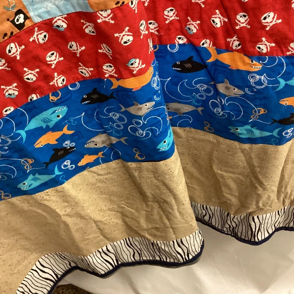 Kids Shark Pirate FishQuilt Blanket Blue Red Multi Beach Ocean Theme 44‎ x 40